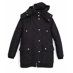 IRO France LARGE Black Cotton Heavyweight Mid Length Coat Removable Hood Minimal